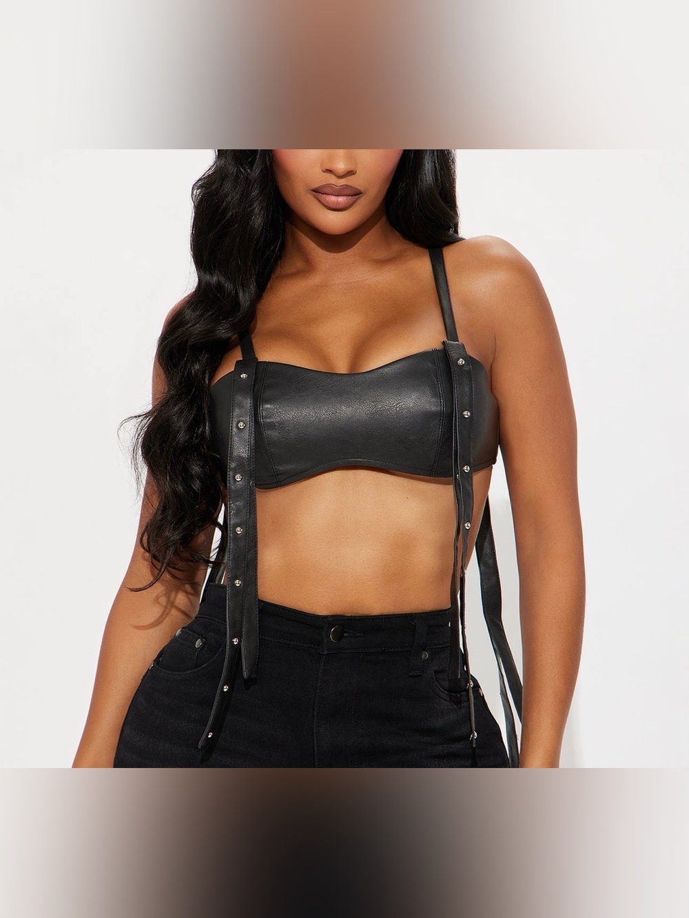 Fashion Nova Black Faux Leather Strap Detail Bandeau Top